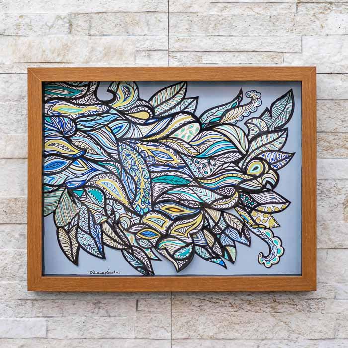 Quadro floral retangular modelo Fênix em madeira reciclada Tatiana Aranha 