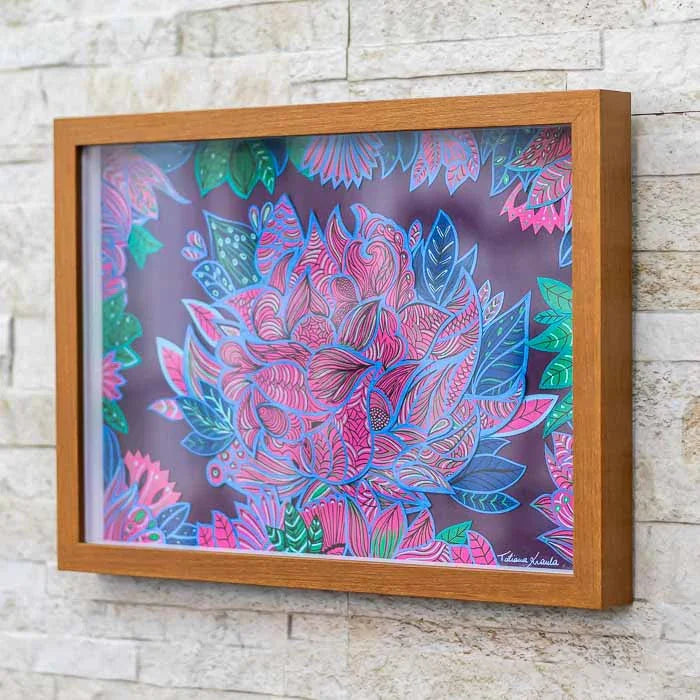 Quadro retangular artesanal modelo Lótus Vinho com design floral exclusivo 