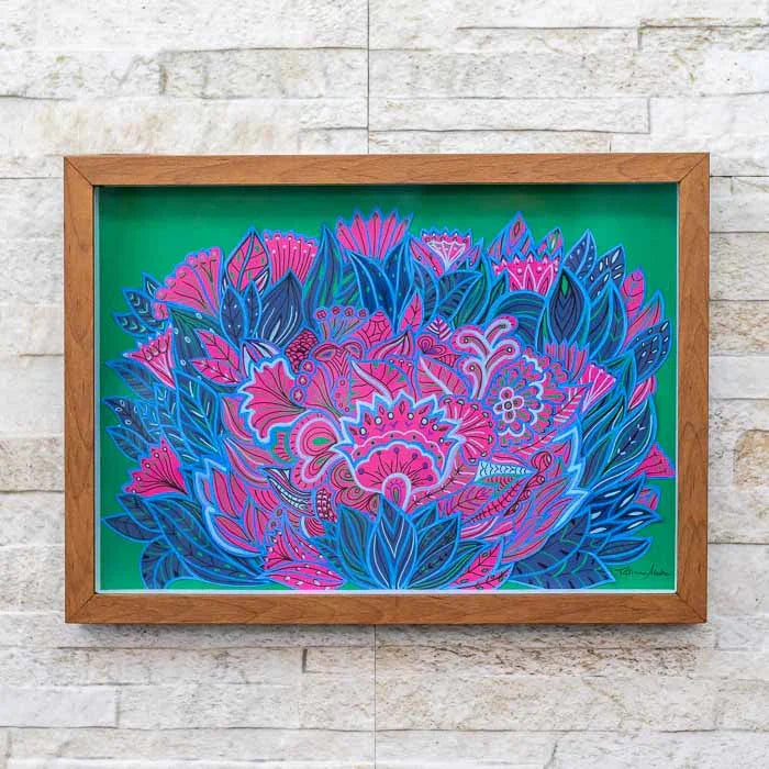 Quadro decorativo modelo Lótus Verde com flores em madeira reciclada 