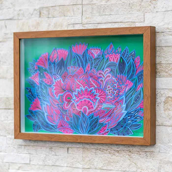 Detalhe do quadro sustentável modelo Lótus Verde em madeira reciclada 
