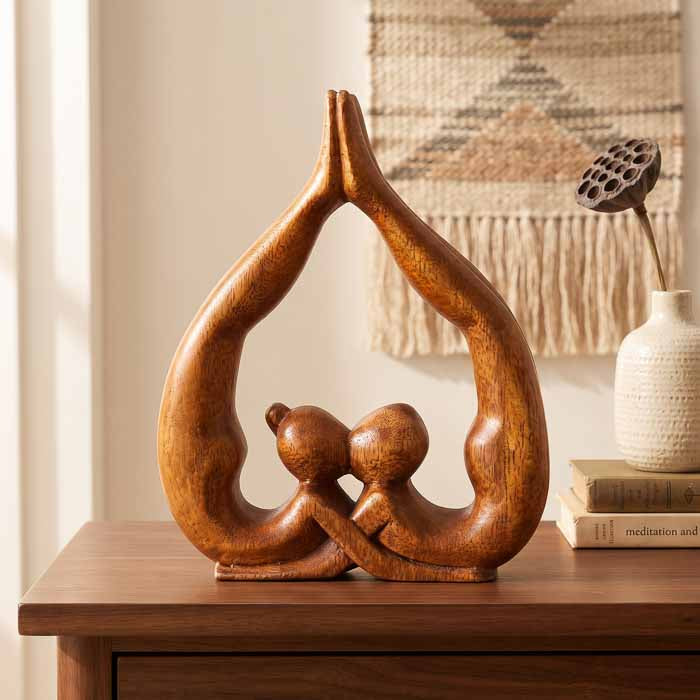 Escultura artesanal abstrata de casal zen em madeira de Teca maciça formando formato de coração sobre mesa.