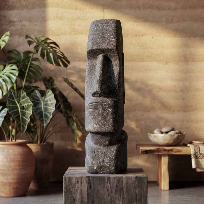 Escultura cabeça rapa nui em pedra vulcânica de Bali.