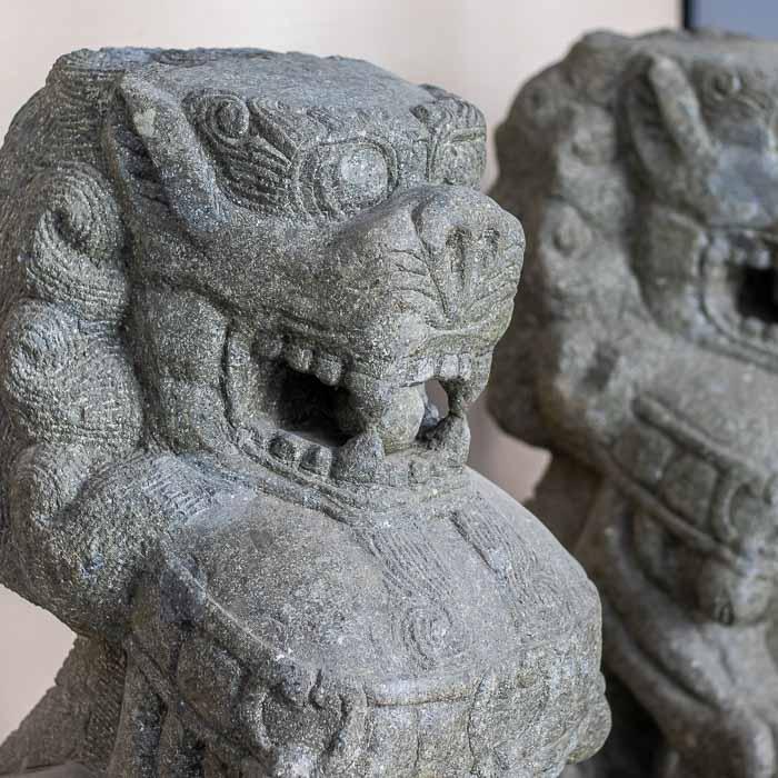 Detalhe do entalhe detalhado na cabeça de Leão Fu guardião em pedra natural indonésia.