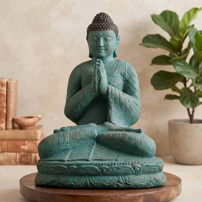 Escultura artesanal de Buda sentado em postura de lótus Padmasana com mãos em Anjali Mudra em fibrocimento turquesa.