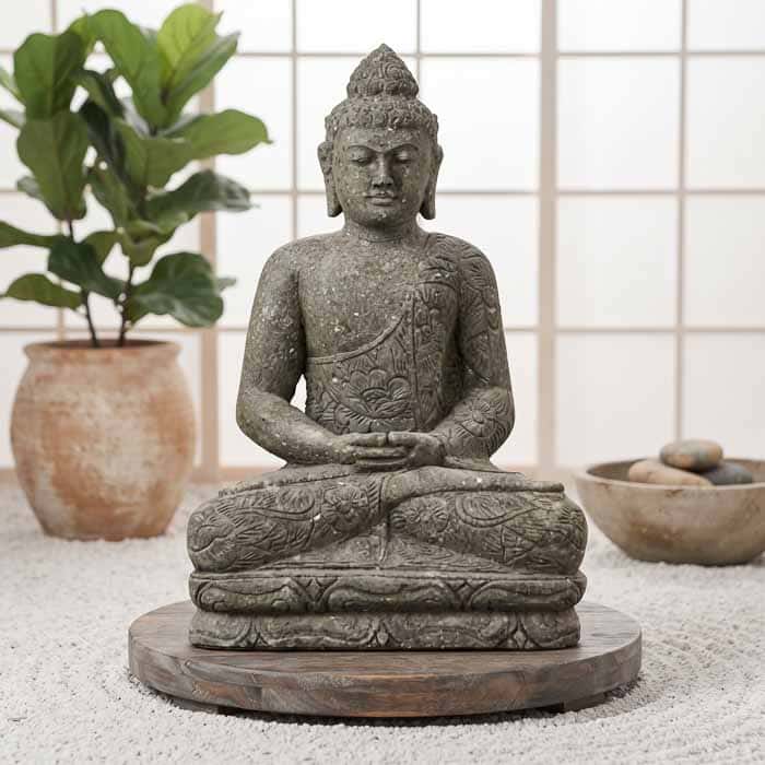 Escultura artesanal de Buda feita em pedra vulcânica com detalhes rústicos, representando serenidade e espiritualidade na arte balinesa