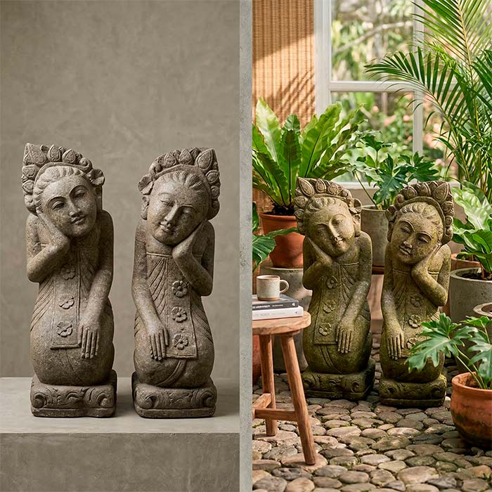 Par de esculturas femininas artesanais em pedra vulcânica verde de Bali para decoração de jardim.