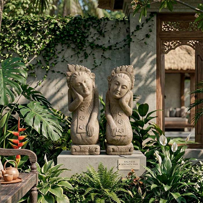 Par de guardiãs espirituais de Bali com expressões de serenidade para projetos de paisagismo.