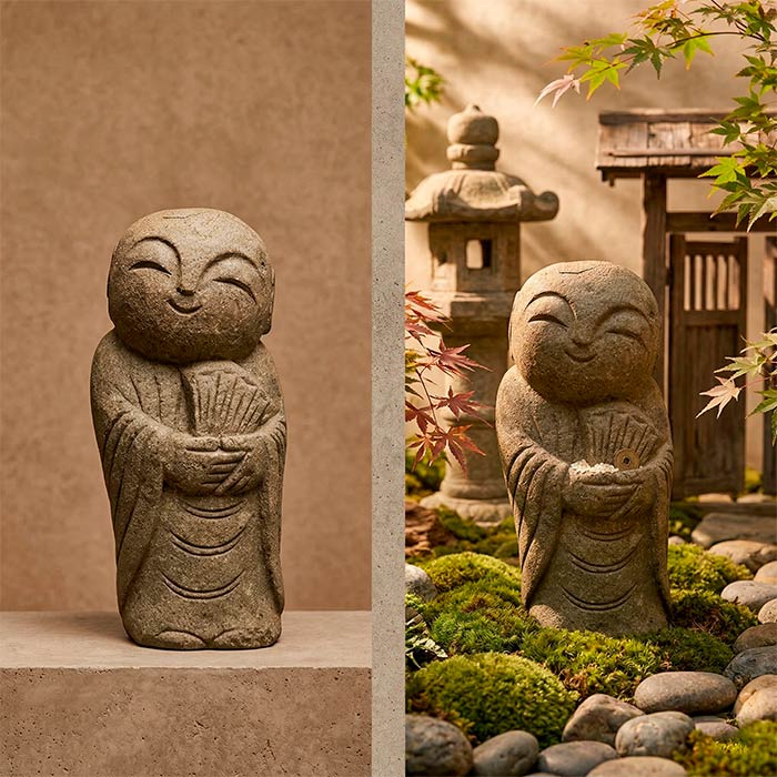 Estátua de monge sorridente artesanal esculpida em pedra vulcânica natural de Bali para jardim. 