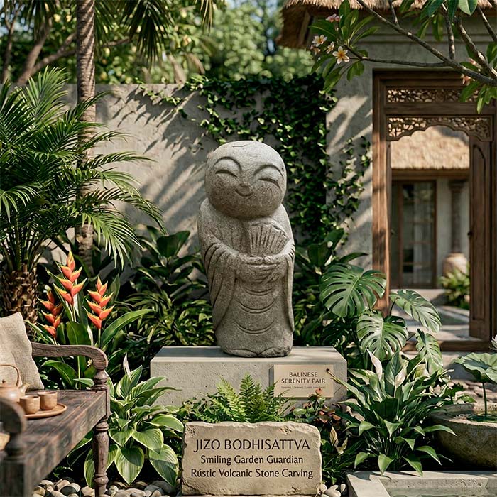 Estátua de 60cm de altura em Green Stone integrada a ambiente de jardim com tons terrosos. 