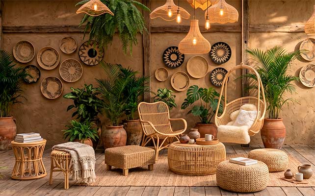 colecao objetos decorativos fibras naturais decoracoes boho balinesa palha rattan