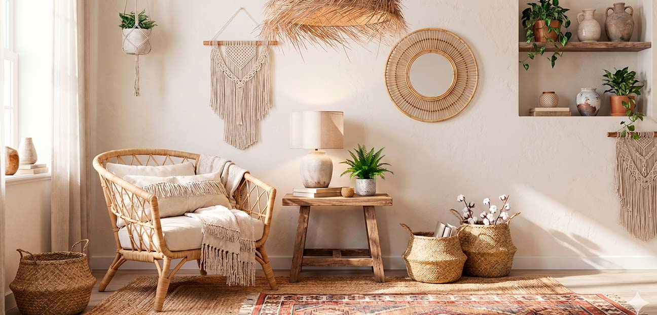 Home decor com tapete, painel em macrema, cadeira em rattan e cestarias importadas de Bali.