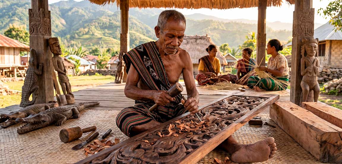 Artesão tribal entalhando painel em madeira sua em Timor-Leste na Indonésia.