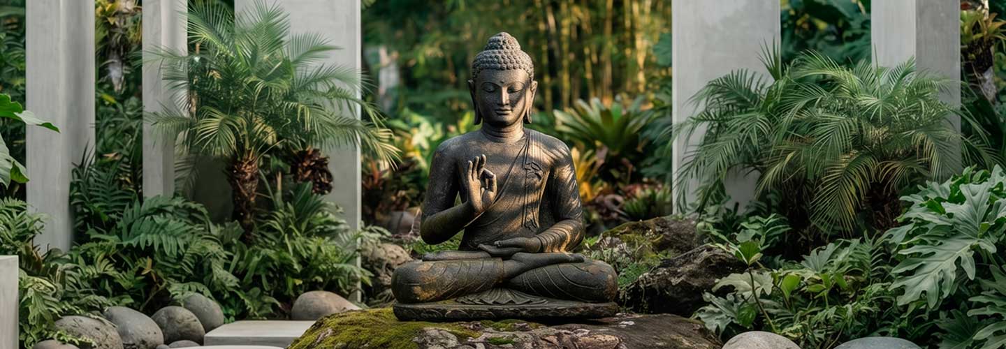 Buda meditando em jardim decorado com paisagismo hindu artesanal.