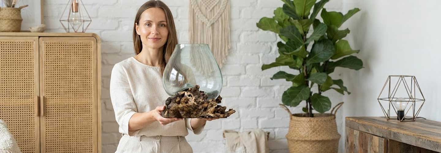 Mulher mostrando terrário artesanal em sua casa com estilo boho.