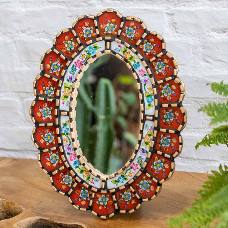 Espelho etnico peruano artesanal vidro decoração parede floral vintage cultura peru espelho decorativo 01