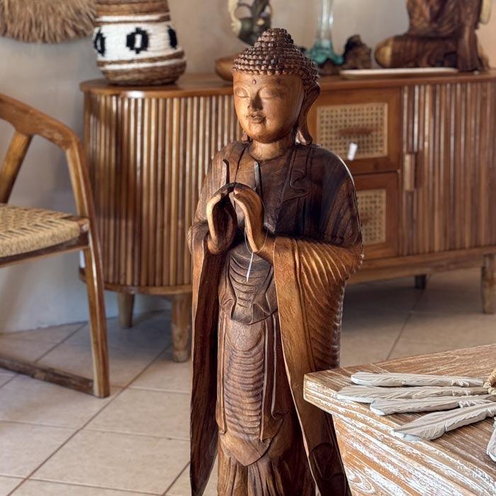 Estátua imponente de Buda Zen com 100cm de altura esculpida em madeira maciça natural de Bali.