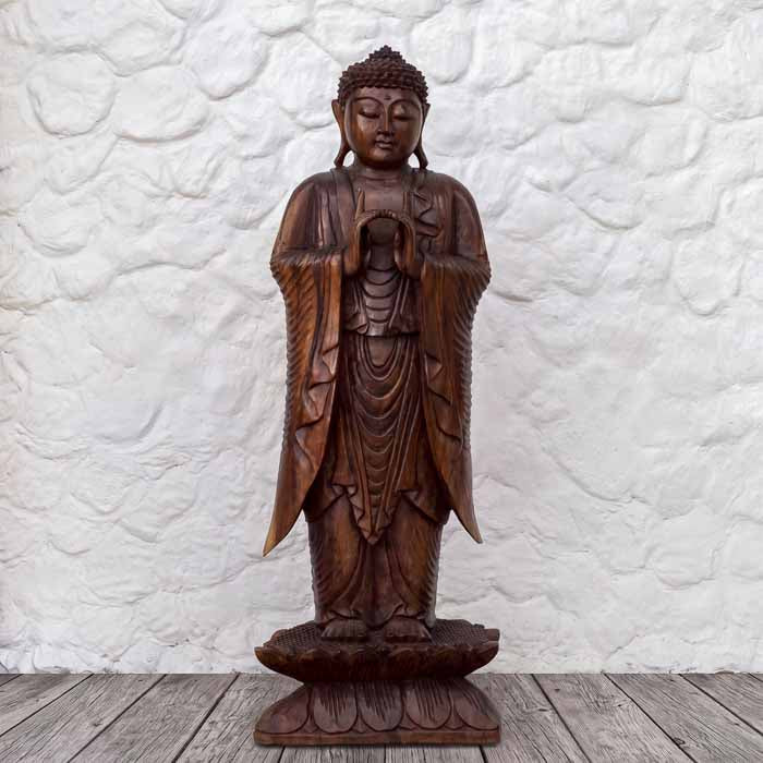 Estátua imponente de Buda Zen com 100cm de altura esculpida em madeira maciça natural de Bali.