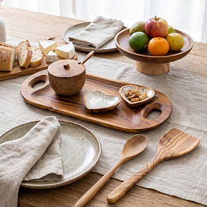 Mesa posta com decoração artesanal importada de Bali. Centro de mesa, fruteira, pratos, açucareiros e colheres de pau.