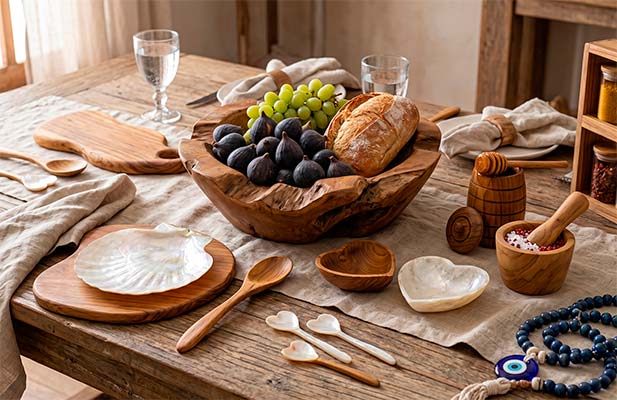 Mesa posta com decoração artesanal de Bali. Inclui pratos, sousplats, fruteira e mais.
