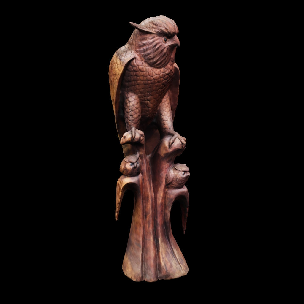 Estátua animal de coruja com 2 filhos esculpida em tronco único por artesãos balineses. 