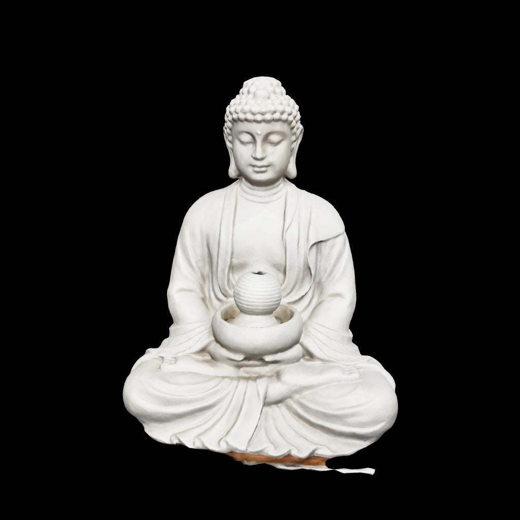 Fonte de água de buda meditando, arte brasileira em marmorite branco.