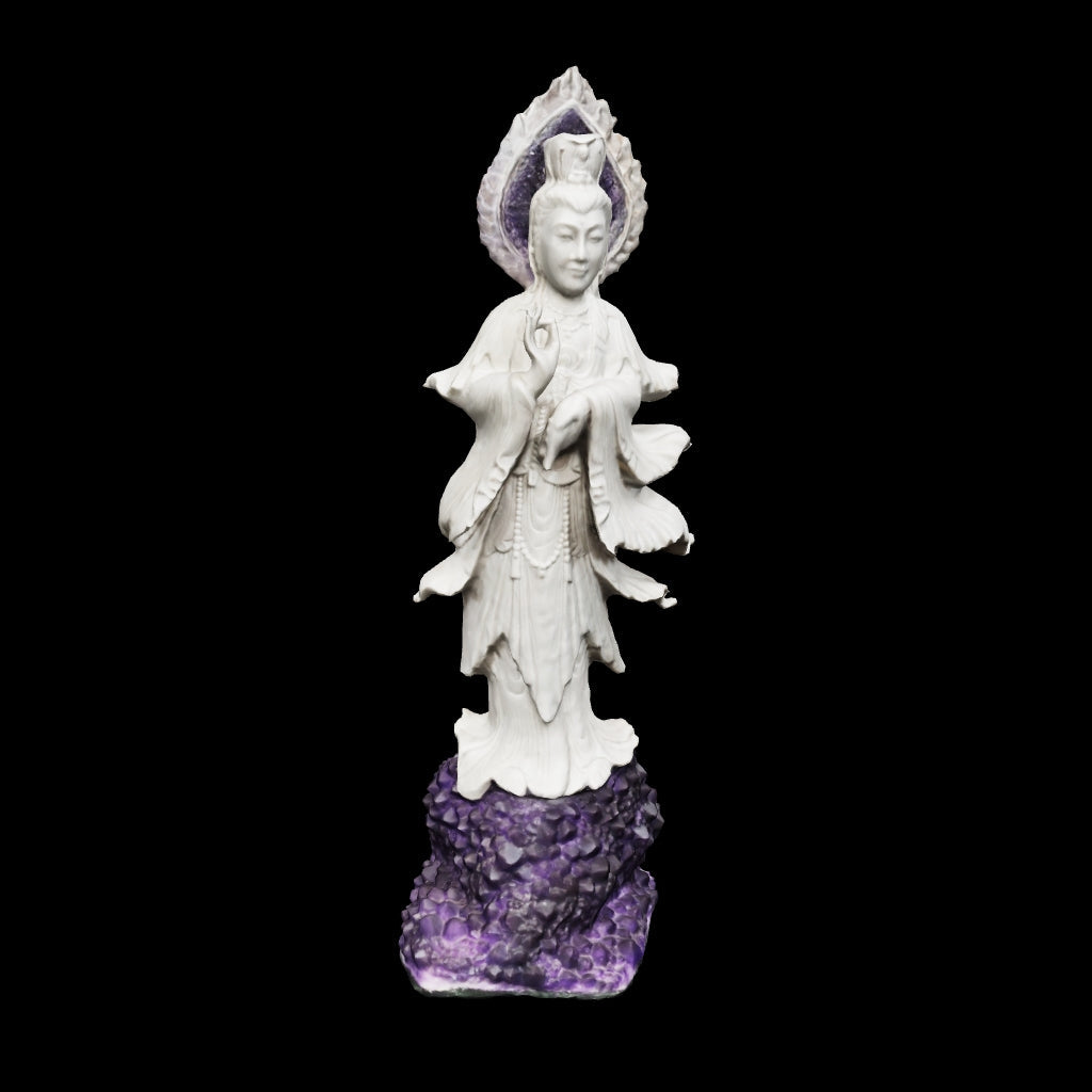 Estátua de marmorite Kuan Yin com resplendor e base em fibra de vidro.