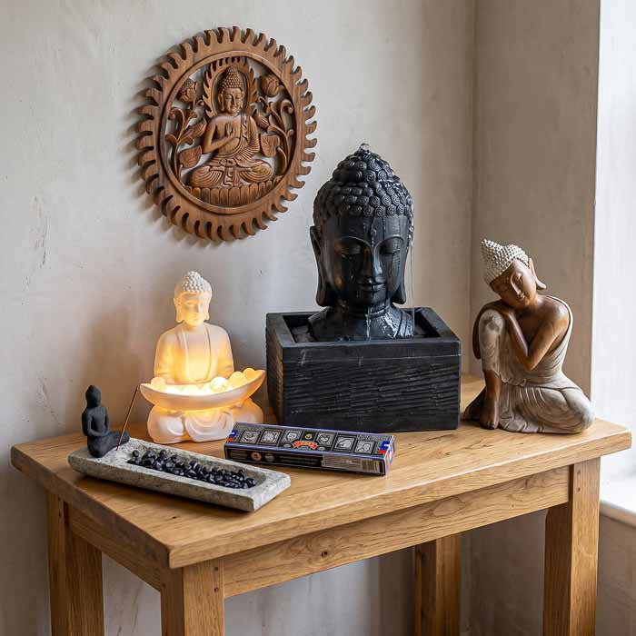 Ambiente Zen com mandala, fonte de água, luminária, incenso, incensário e escultura de Buda. Todos artesanais.