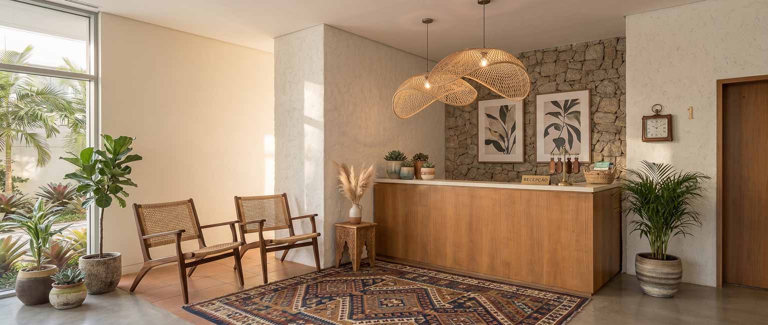 Sala de entrada de hotéis, condomínios decorada no estilo boho chic com itens artesanais importados de Bali.
