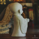monge hotei decor suporte porta vela budismo marmortite decorativo zen budista divindade sabedoria alegria branco
