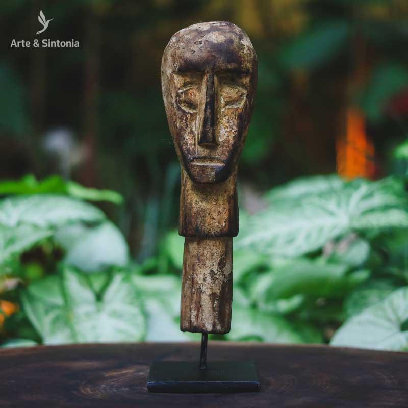 escultura antik madeira face rosto cabeca primitivo na base home decor decoracao etnica artesanal artesanato artesintonia 1