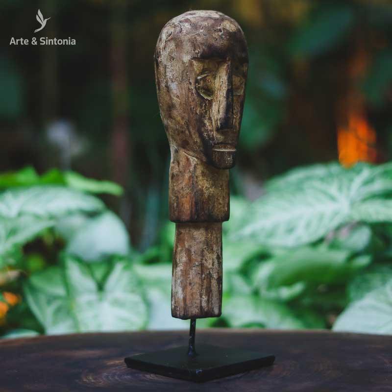 escultura antik madeira face rosto cabeca primitivo na base home decor decoracao etnica artesanal artesanato artesintonia 3