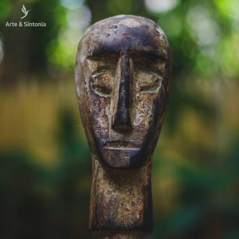 escultura antik madeira face rosto cabeca primitivo na base home decor decoracao etnica artesanal artesanato artesintonia 2