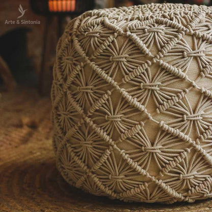 Puff Indiano Branco 40cm - Arte &amp; Sintonia Almofada, Almofadas, boho, branco, indiana, indiano, macrame, moveis india, puff, Índia