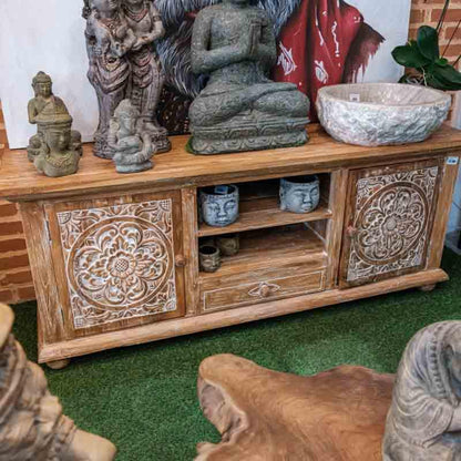 móvel madeira aparador buffet entalhado pintado flores mandalas handmade arte decorativa bali indonésia carved wood sideboard loja artesintonia comprar