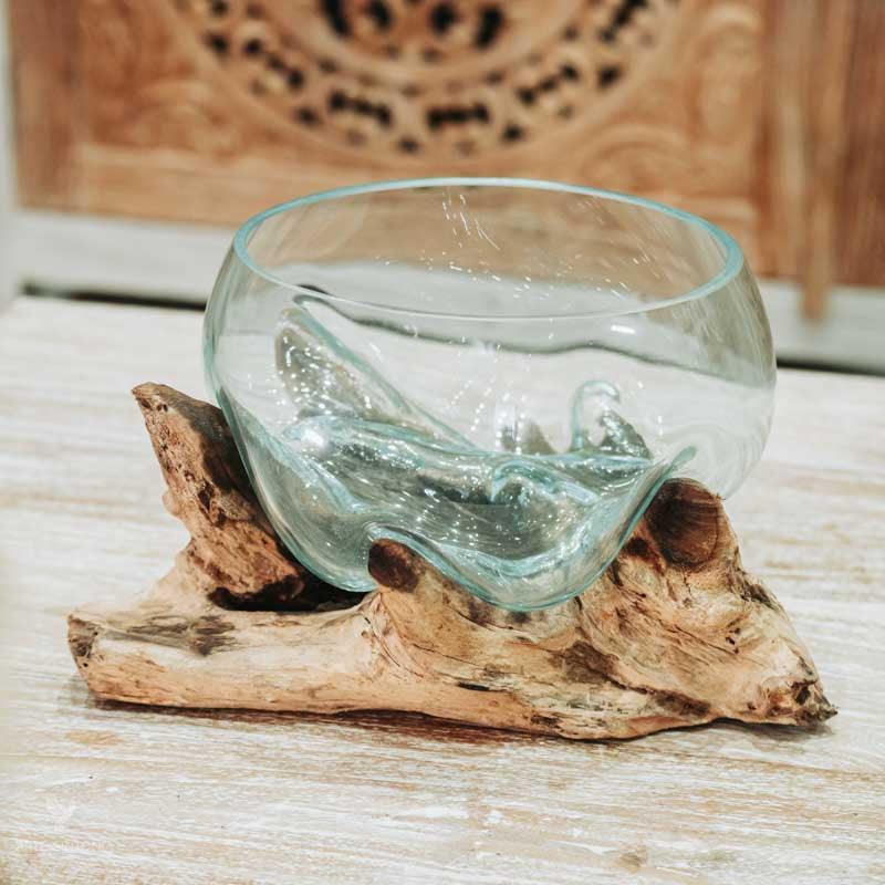 vaso bowl fruteira vidro madeira teca teka tronco arte decorativa decoração decor utilitária utilitário bali balinesa balines indonesia wood glass home house lar casa ambiente plantas flores planta flor artesão artesanato