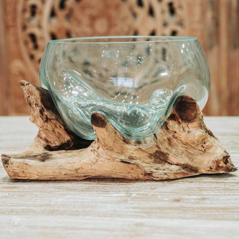 vaso bowl fruteira vidro madeira teca teka tronco arte decorativa decoração decor utilitária utilitário bali balinesa balines indonesia wood glass home house lar casa ambiente plantas flores planta flor artesão artesanato