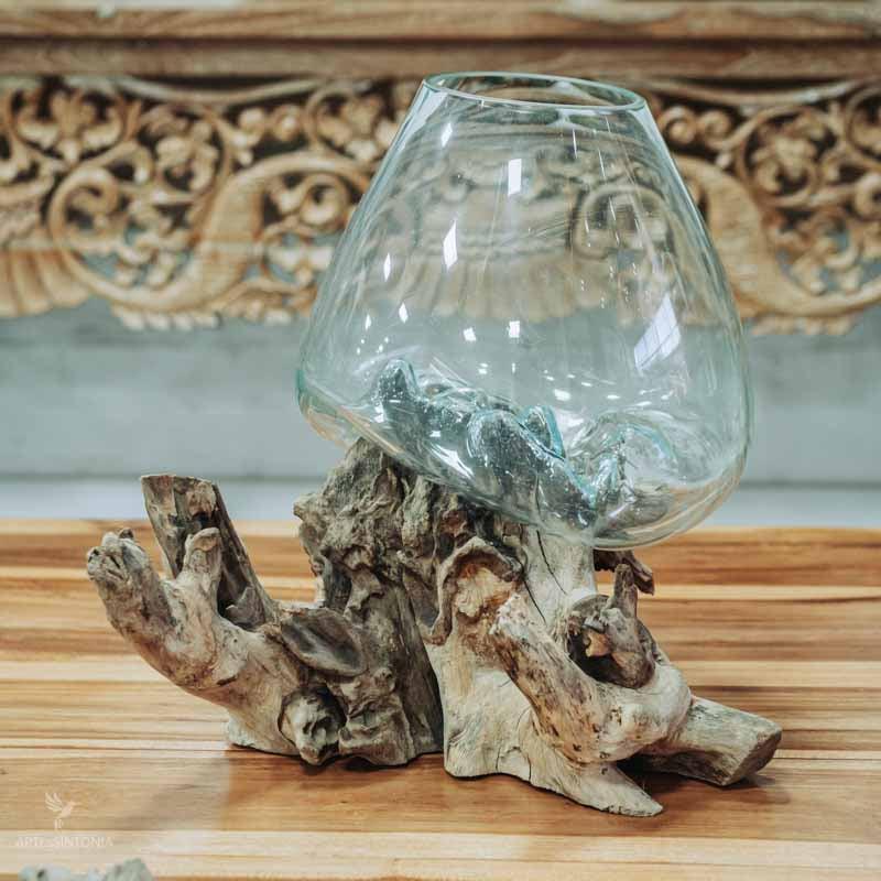 vaso terrário vidro madeira troco wood glass teca teka decor decoração decorativo decoration arte artesão artesanato bali indonésia balines casa home house lar