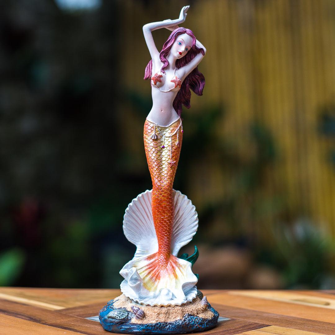 estatueta sereia bali art veronese desing resin mermaid laranja concha