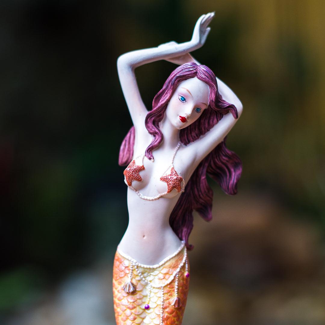 estatueta sereia resina veronese style resin art mermaid concha alaranjada escultura