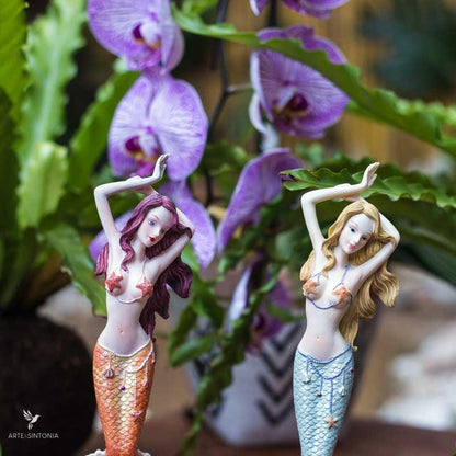 estatueta sereia resina veronese style resin art mermaid concha azul laranja