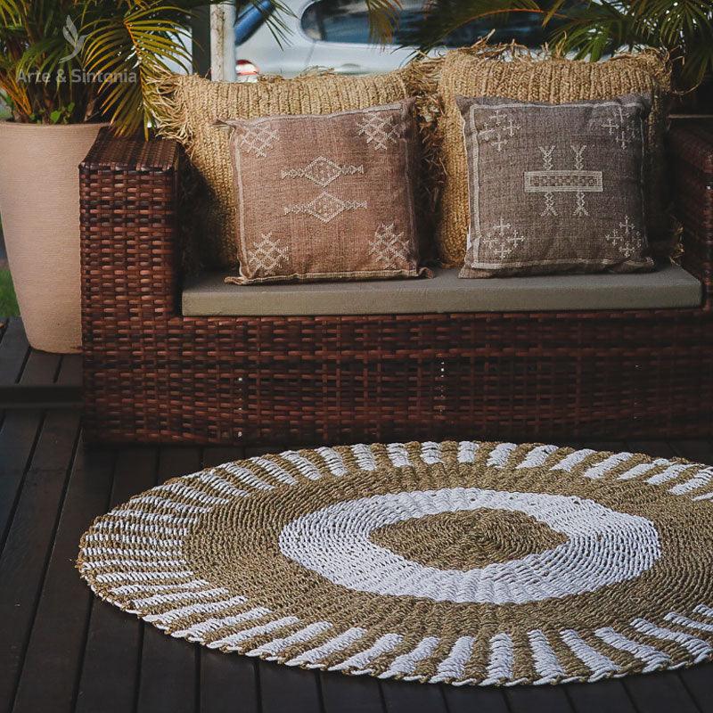 tapete redondo pequeno fibra natural feito a mao handmade artesanto artesanal balines bali indonesia arte decor decoracao decorativo branco boho boemio bohemian