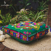 almofada puff meditacao quadrada indiana decoracao home decor zen india verde colorido bordado handmade vermelho amarelo branco rosa azul colorido detalhes yoga ambiente decorativo