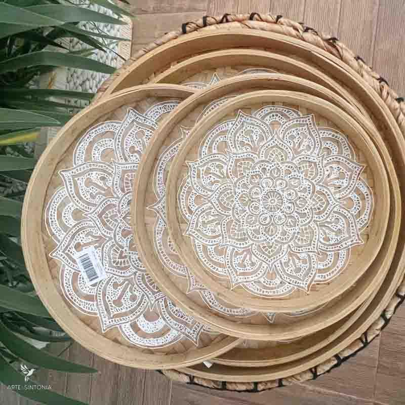 hand-woven bamboo sieve hand-painted cestaria artesanal raft round decorative fruit bread basket kitchen storage mandala branca