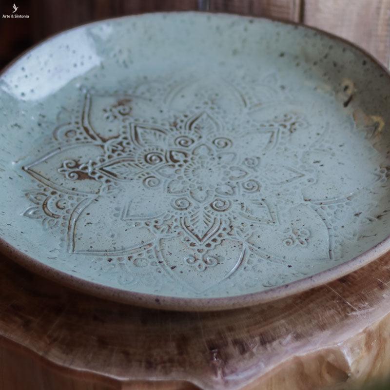 prato decorativo ceramica artesanal mandala verde claro folhas leafs home decor atelie da vila artesintonia 2