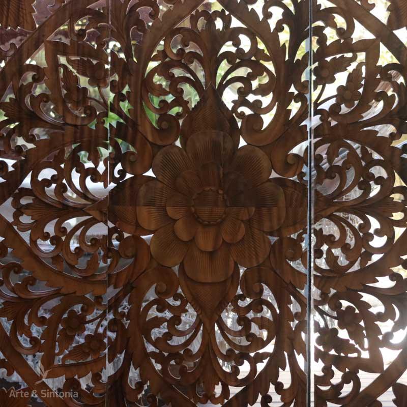 painel marrom madeira suar wood mandala floral natural boho mandala decorativa decoracao balinesa bali indonesia arte decorativa decor home casa artesao artesanato feito a mao handmade