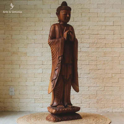 escultura buddha buda em pe madeira decorativo decoracao artesanal artesanato bali indonesia home decor decoracao zen budista budismo artesintonia grande 150cm