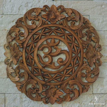 mandala om ohm decorativa decoracao objetos artesanais madeira suar artesanatos balineses decoracoes rusticas entalhadas artesintonia 40cm 3