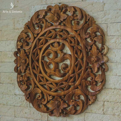 mandala om ohm decorativa decoracao objetos artesanais madeira suar artesanatos balineses decoracoes rusticas entalhadas artesintonia 60cm 4