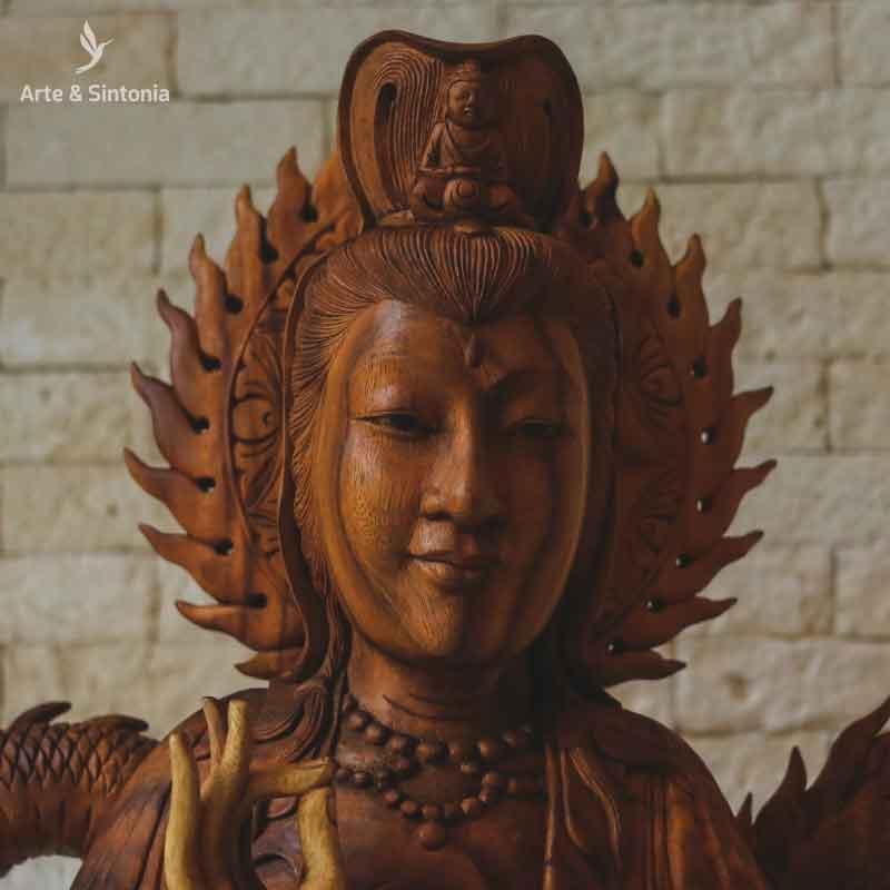 escultura estatua em madeira suar rain tree objetos decorativos decoracao indonesia balinesa kuan yin budista divindade carved carving entalhada madeira wood sculpture home decoration amazing deusa compaixao 5