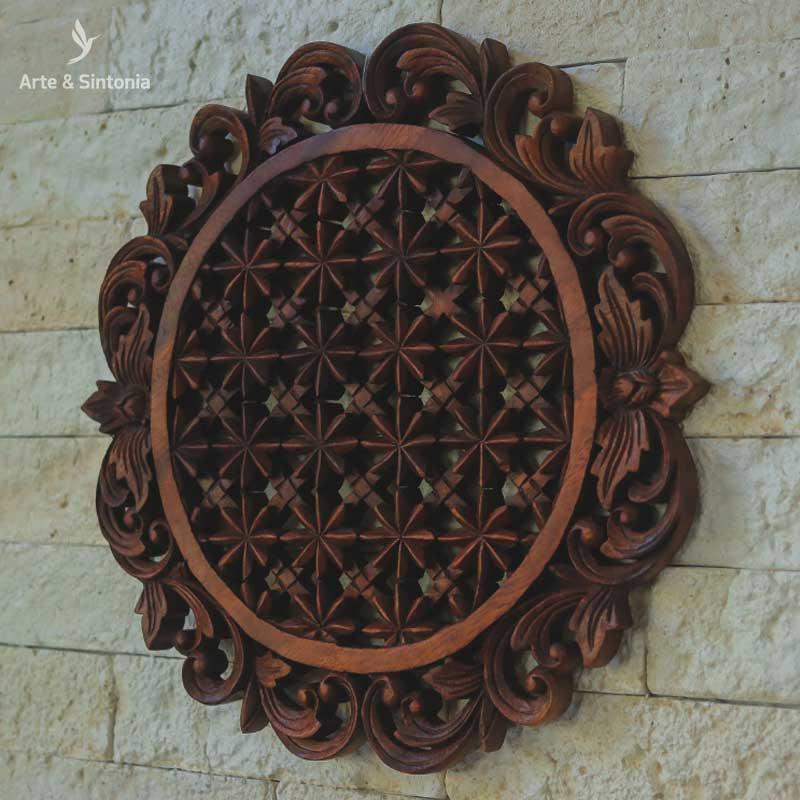 mandala entalhada na madeira flor da vida objetos decorativos decoracoes paredes balinesa indonesia artesintonia matriz universal universo 4